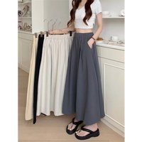 Draped Long A-Line Skirt Grey Midlife Women's Fashion Summer 2026 High Waist Polyester Batwing Shape mid Century Style