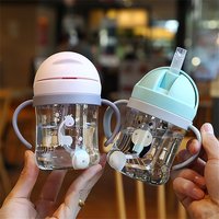 250ML Cartoon Pattern Outdoor Child Drinking Bottle with Straw Baby Feeding Cup for Kids Training Portable Handle Water Bottle
