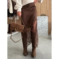 Elegant Spliced Skirt for Women, Satin & Lace Mesh with Eyelash Trim, Elastic Waistband, All-Match Style for Four Seasons, Ideal