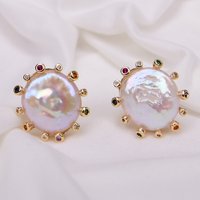 GG Cultured White Coin Keshi Pearl Stud Earrings CZ Pave Gold Plated Earring For Women Valentines Day Jewelry