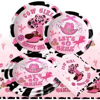 Let's Go Girls Party Supplies West Cowgirl Theme Paper Plates Tablecloth Napkins for Pink Cowgirl Hen Party Bridal Shower