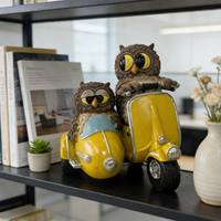 Owl Couple on Yellow Scooter Resin Statue, Funny Animal Figurine for Home Office Desk Decor