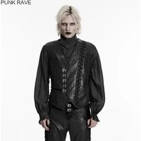 PUNK RAVE Men's Steampunk Striped Faux Leather Retro V-neck Asymmetric Vest Metal Buckles Industrial Party Club Top