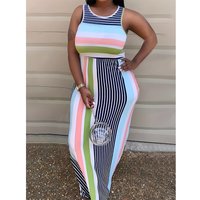 Large sleeveless round neck striped dress with fashionable print, sexy streetwear, hip hugging skirt for women