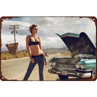 Metal Signs Pin Up Girl Sexy Poster Bikini Girls Car On Railway Vintage Tin Sign Funny Art Wall Decorations for Home Bedroom