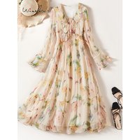 Winsleter-Women 100%Real Silk Elegant Dress, Flare Sleeve V Neck Print, Beach Vacation Chic Dresses, 2025 Spring Summer D53216CC