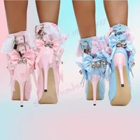 Pink Bow Knot Platform Ankle Boots Cross Tied Lace Decor Shoes for Women Thin High Heels Sexy Shoes 2024 Zapatos Para Mujere