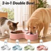 2-in-1 Automatic Cat Dog Feeder & Water Fountain Double Bowl Set Pet Drinking Dispenser with Moisture-proof Design