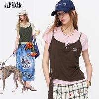 ELFSACK Women's Fake Two-Piece T-Shirt with Embroidered Cami Overlay, Tie Side Short Sleeve Top, Casual Slim Fit Tee for Streetw