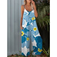 Women Sleeveless Printing Beach Boho Casual Jumpsuit Summer Vacation High Street Romper Casual Overalls Wide Leg Trousers