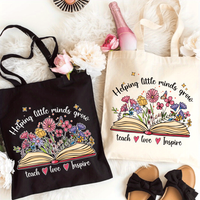 Aesthetic Floral Book Canvas Tote Bag Women Helping Little Minds Grow Graphic Shopper Bag Teach Love Inspire Daily Shoulder Bag