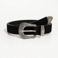 Women's black vintage bohemian style light luxury silver engraved metal buckle velvet belt for jeans, a versatile accessory be