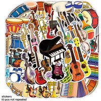 50 Pcs Playing Musical Instrument Stickers, Cartoon Piano Violin Drum Guitar Waterproof DIY Craft Stickers