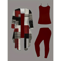 Plus-size women's 3-piece set: color-blocked printed cardigan jacket paired with trousers and vest for a casual everyday look.