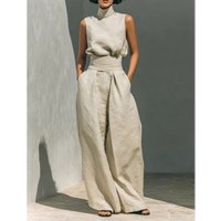 Elegant Women's Sleeveless Top+high Waisted Wide Leg Pants Set Fashion Solid Stand Up Collar Top Two-piece Ladies Office Outfit