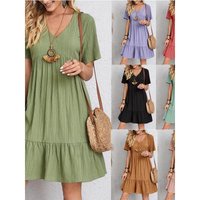 Summer Women's Loose Casual Short Sleeve Tunic Dress Style Polyester Cake Skirt Travel Suitable Single Piece