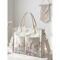 Watercolor Wildflower Print Corduroy Tote Bag Large Capacity Multi Pocket Floral Lover Commuter Shoulder Bag
