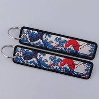 Japanese Waves Embroidery Key Fobs Art Key Tags Keychains for Motorcycles Cars Key Rings Accessories Chaveiro Key Holder Jewelry