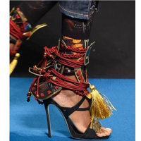 Black Brown Fringe Decor Sandals Lace up Cross Tied Thin Heel High Shoes for Women Open Toe Wedding Shoes 2025 Zapatillas Mujer