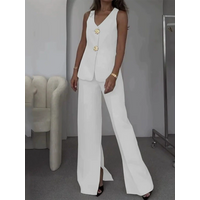 Spring and summer women's elegant formal suit V-neck sleeveless button single-breasted simple vest wide-leg trousers 2-piece set