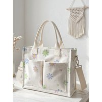 Colorful Pastel Flower Print Corduroy Tote Bag Large Capacity Multi Pocket Commuter Shoulder Bag