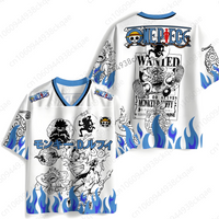 One Piece Luffy Gear 5 Jersey Shirt Sun God Nika Wanted Poster Graphic Tee Anime Men Women Joy Boy White Blue Flame Top Gift