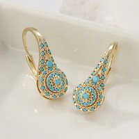Elegant Style Women Bohemia Drop Earrings Full Blue Synthetic Turquoise Lady Party Accessories Gold Color Charming Daily Jewelry