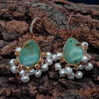 YYGEM Natural 15x26mm Green jasper Cultured White round Pearl Dangle gold plated hook Earrings