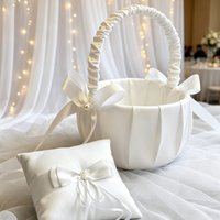 New Wedding Flower Baskets and Ring Pillow Set Bridal White Satin Bow Decor Wedding Decoration Party Supplies Gifts