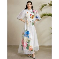 Fashion Flower Print Boho Dress Summer Clothing Women 2026 Lantern Sleeve Button Up Maxi Long Dresses Evening Party Shirt Dress