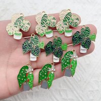 10pcs Green Potted Plants Succulent Bananas Leaves DIY Alloy Drip Oil Accessories Bracelet Necklace Jewelry