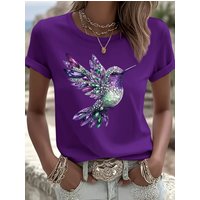 2026 Trendy Women's Faux Diamond Hummingbird Graphics Print T-Shirt Summer Short Sleeved Top Casual Y2k Tee Shirts Woman Clothes