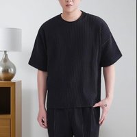 Miyake Pleated T-shirt Short Sleeve Men Fold Top Round Neck Loose Casual Five-quarter Sleeve Solid 2025 Summer Pleat T-shirt