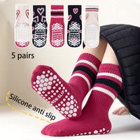 5 pairs of girls', medium, and large children's heart-shaped striped pattern floor socks, mid tube socks, anti slip, wear-resist