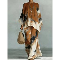 New Women's Loose Patchwork Two Piece Set Spring Summer O Neck Pullover Top Wide Leg Pants Simple Elegant Outfit Streetwear 2026