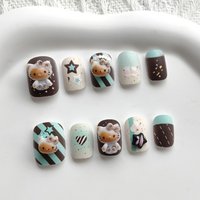10Pcs Girls Cute Cartoon Hello Kitty Asymmetry Handmade Press on Nails French Short False Nails Wearable Manicure Nails Tips Art