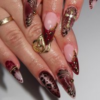 24Pcs Vintage Almond Press on Nails Wine Red Smudge False Nails Leopard Cross Stick on Nails French Tip Sweet Cool Fake Nail Art