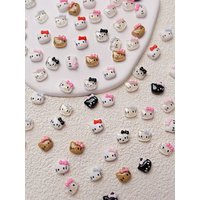 50pcs Cartoon Hello Kitty Mini Cat Head Nail Art Charms Cute Mixed Resin Kitty Bow Nail Art Rhinestones Manicure Decorations