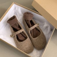Fashion Square Toe Fleece Flet Ballet Flats Woman Winter Warm Wool Mary Jane Shoes Ladies Brand Design Elegant Plush Loafers