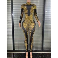 Sexy Luxury Fashion Long Sleeves Diamond Rompers Club Dance Stage Costumes Sexy Party Playsuits Women Rhinestones Jumpsuits