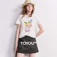 TOYOUTH Women Short Sleeve T-Shirt 2026 Summer New Cotton Crew Neck Flower Print Slim Fit Pullover Tops