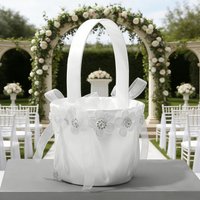 White Heart-Shaped Fabric Flower Girl Basket Wedding Petal Dishing Handheld Photography Prop Decorative Basket