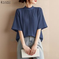 ZANZEA Women's Elegant Blouses Stand Collar Half Sleeves Pleated Loose Tops Summer Daily Casual Solid Color Blusas de Mujer