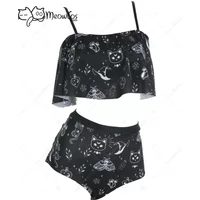 Meowcos Women's Gothic Bikini Set High Waisted Ruffled Swimsuit Bathing Suit Two Piece Swimwear