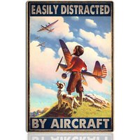 Airplane Decor Aviation Wall Art - Vintage Airplane Metal Tin Sign Easily Distracted by Airplanes Retro Plane Poster for Boys