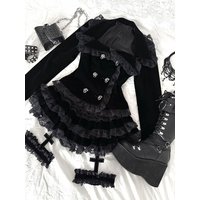 Y2k Aesthetic French Court Style 2 Piece Set Women Vintage Double-Breasted Lace Cross Coat + Skirt Harajuku Gothic Black Outfits