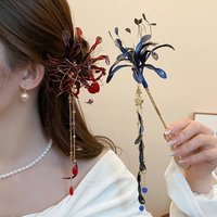 Super Fairy Red Spider Lily Flower Hair Sticks Dripping Oil Tassel Floral Hair Pins New Chinese Style Hanfu Chopsticks Wedding