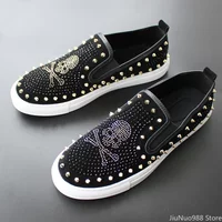 2025 New Shoes for Men Tide Leather Casual Shoes Spring Autumn Cool Skull Rivet Flat Shoes Leisure Slip-on Loafers