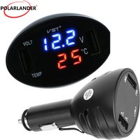 Usb Interface Car Charger 12V 24V Temperature Voltage Meter 3 in 1 Digital LED Thermometer Monitor Dual USB Ports Accessories