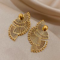 Vintage Geometric Fan-shaped Drop Earrings for Women Elegant Gold Plated Stainless Steel Hanging Earrings Waterproof Jewelry